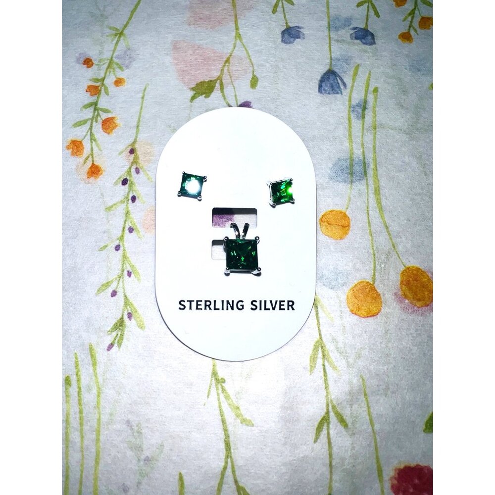 Sterling Silver Emerald Green CZ Earrings & Pendant